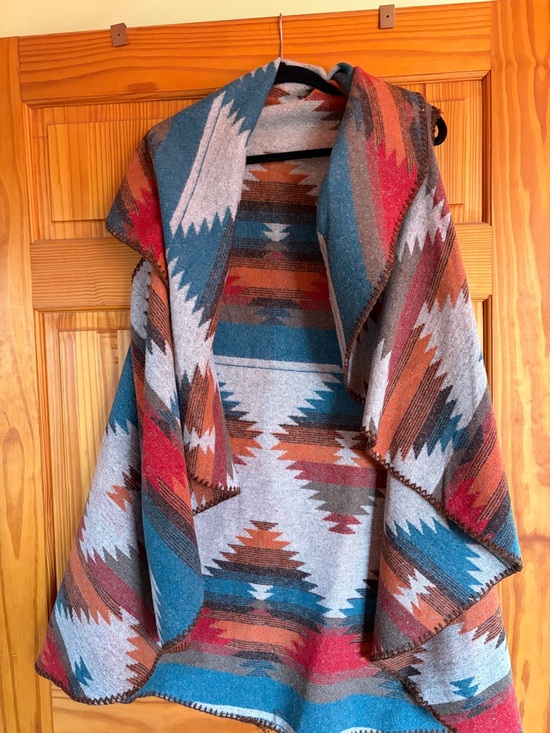Jackets & Blazers - Southwestern Aztec Pattern Open Front Poncho - Teal, Rust, Gray